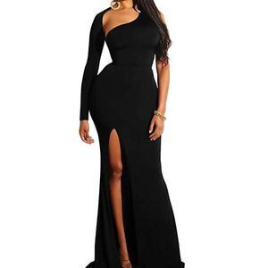 BEAGIMEG Women's Elegant One Shoulder Backless Evening Long Dress Black Large,